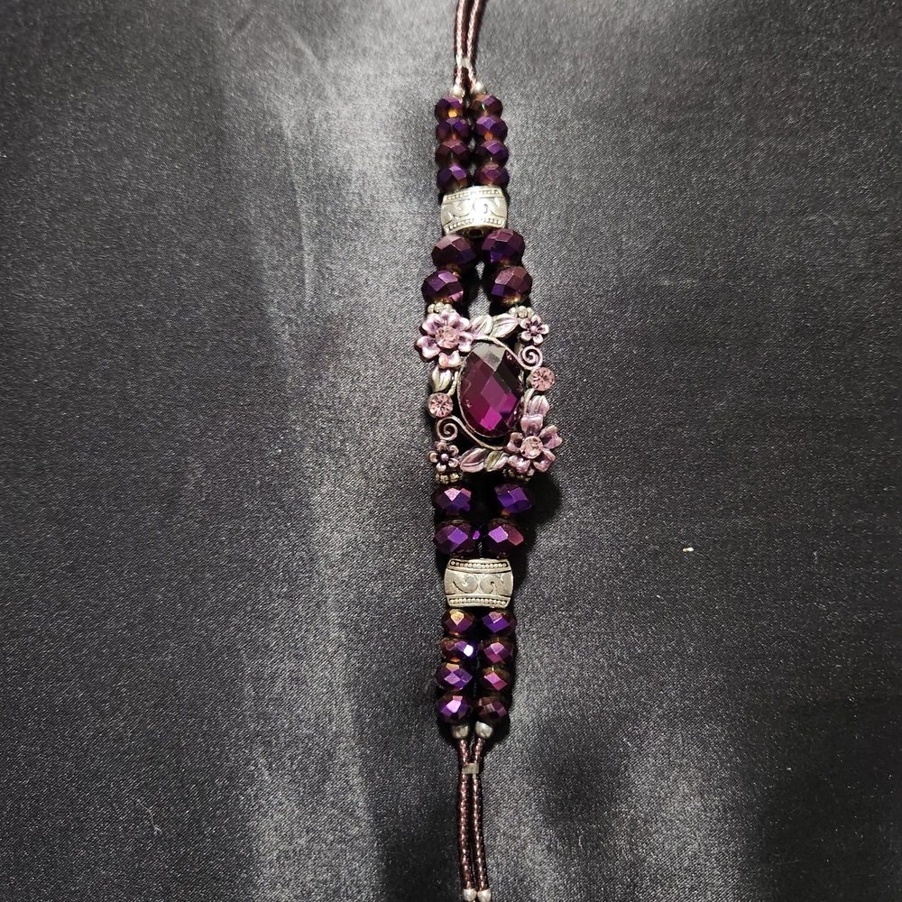 Purple Floral Crystal Beaded Bracelet - Unbranded